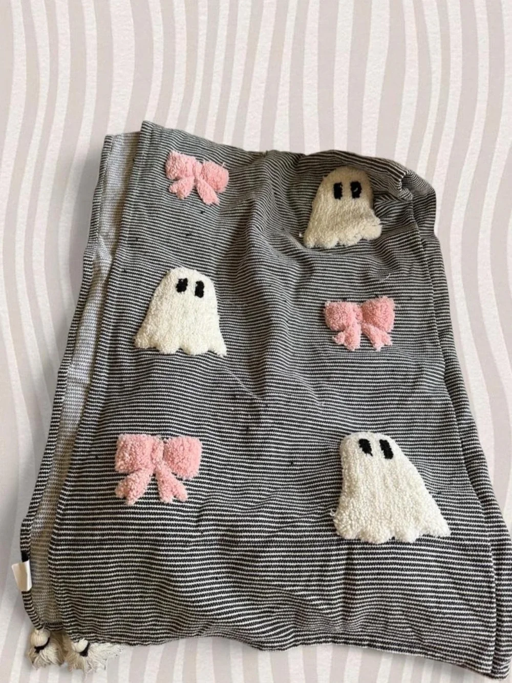 Rachel Zoe Black & White Striped Throw with Pink Bows and White Ghost Appliqués